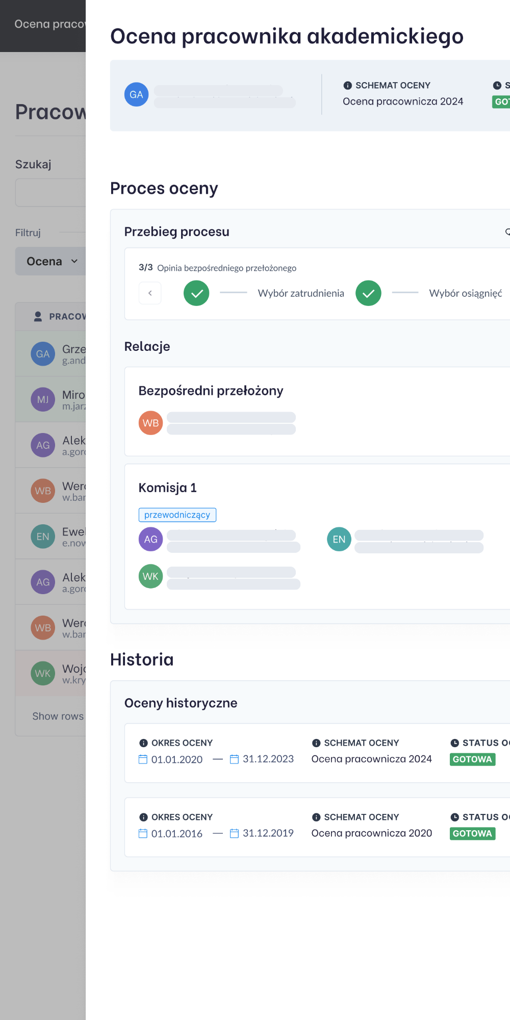 Academic staff evaluation workflow with evaluation stages, reporting lines, committee members, and past evaluations