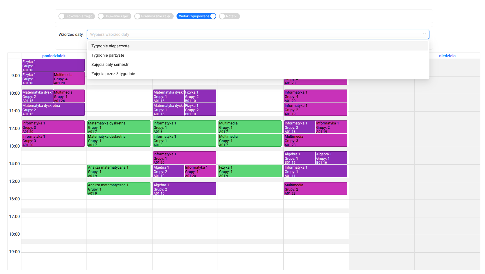 Group timetable view with a weekly grid, color-coded classes, and date pattern selection