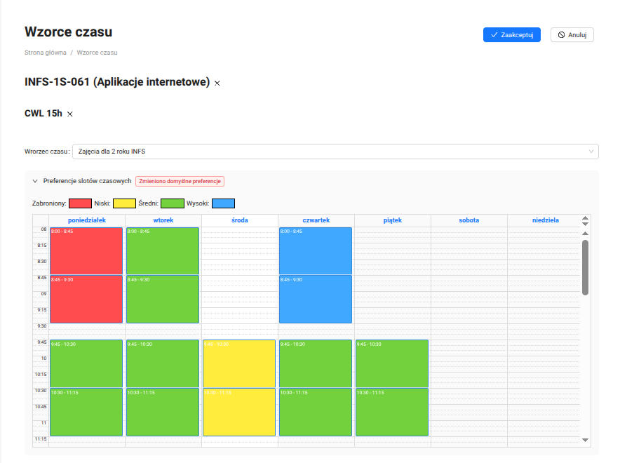 Time pattern screen with a weekly timetable grid and marked scheduling preferences
