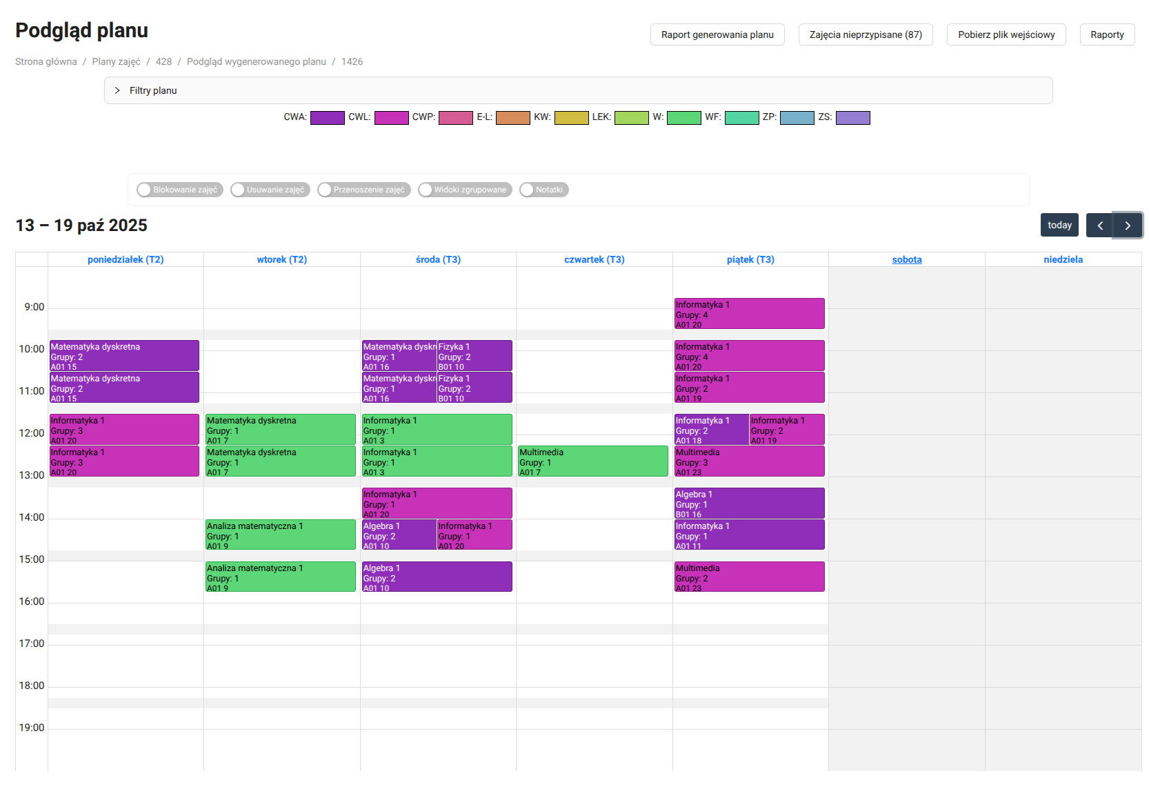 Preview of a generated weekly timetable with classes arranged by day and time