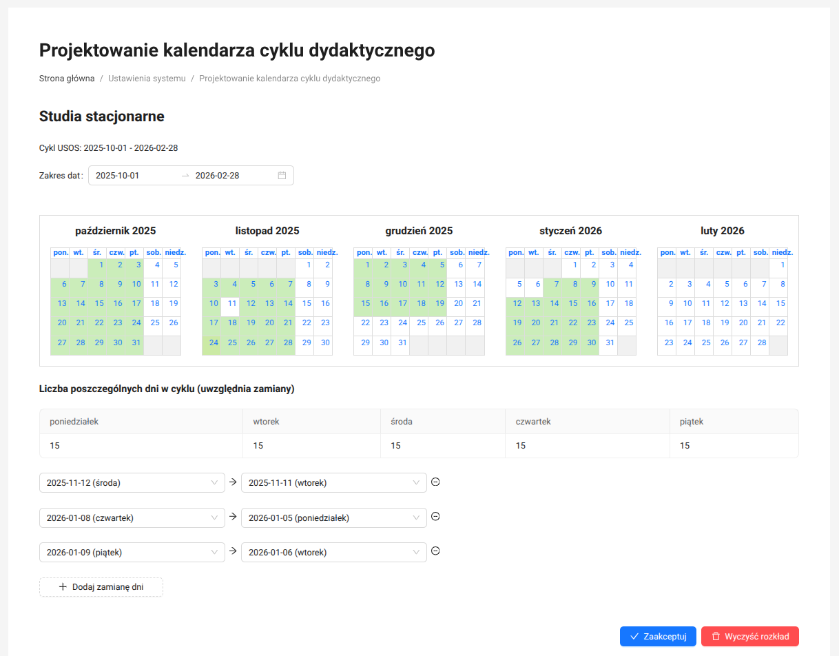 Academic calendar design screen with monthly structure, teaching days, and day-swap settings