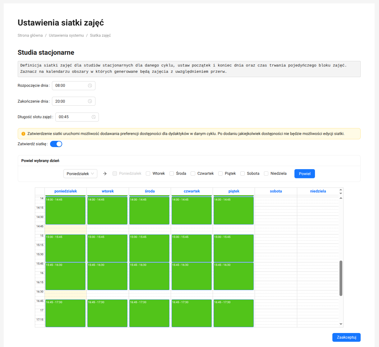 Timetable grid settings screen with block hours, weekdays, and available time slots